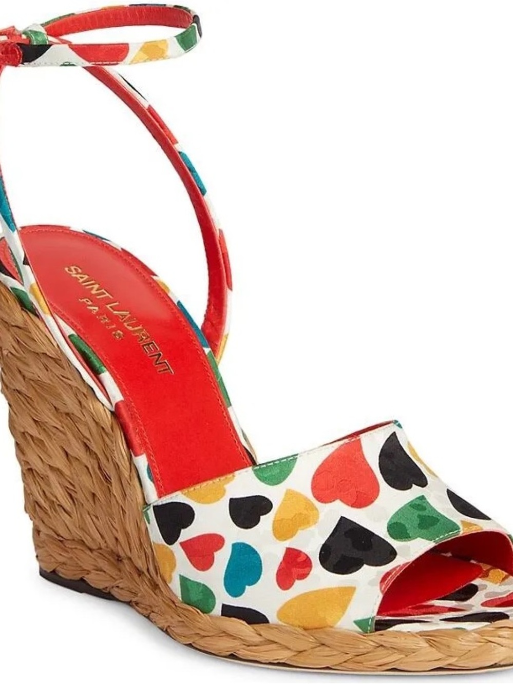 Saint Laurent Multicolor Heart Print Wedge Sandals with Red Insole Size 38